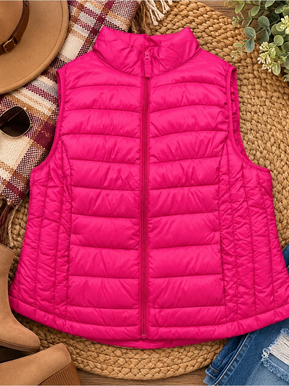 Love Tree Large Hot Pink Ultra Light Packable Puffer Vest Zip Pockets